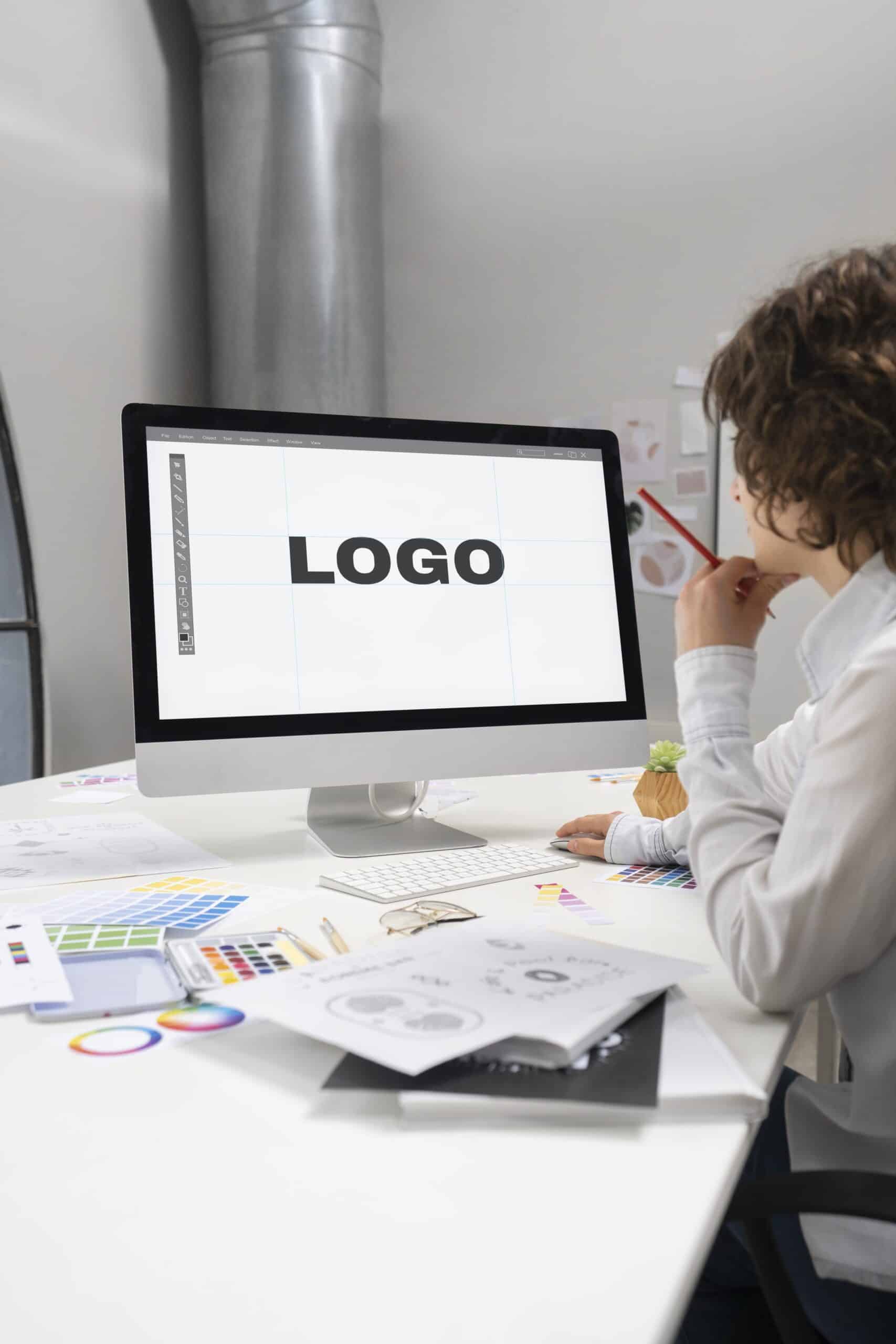 logo designer working computer desktop scaled